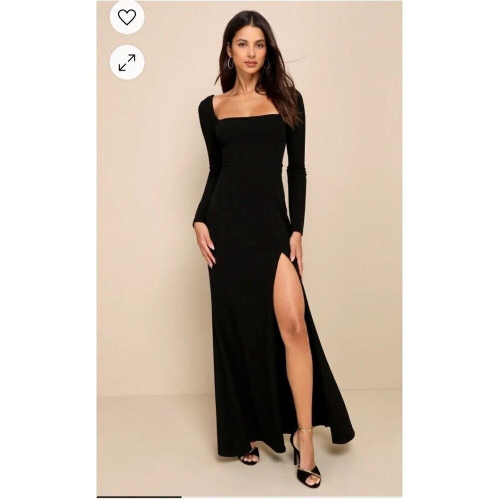 Lulu's Black Square-Neck Long Sleeve Maxi Dress with Thigh Slit